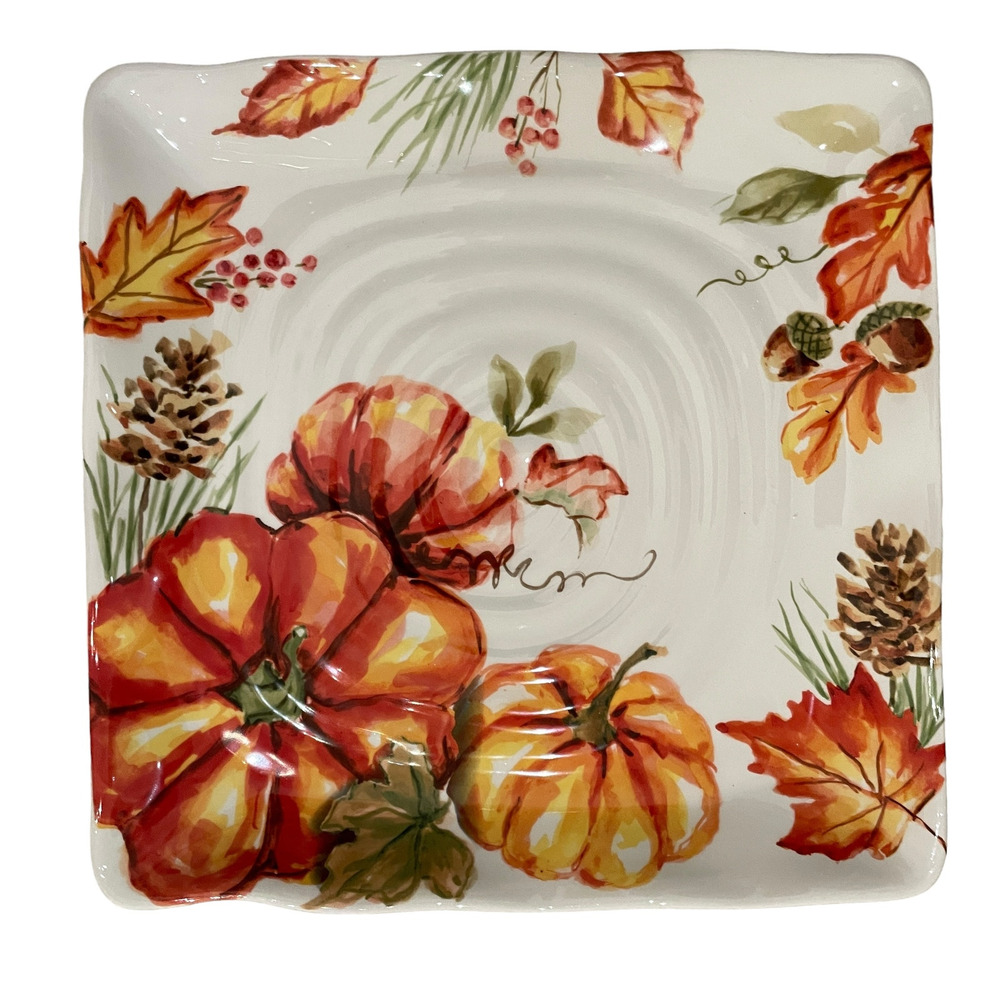 Maxcera FALL PUMPKINS Dinner Plates 11" Square Ceramic Set of 2 Thanksgiving NEW